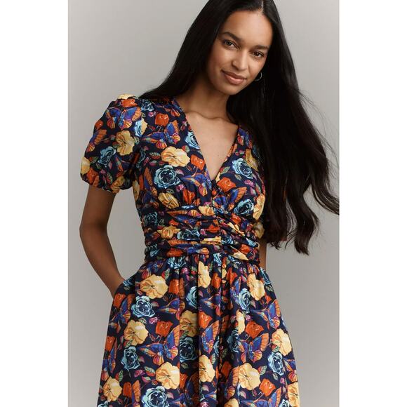 nwt by ANTHROPOLOGIE sz 1X The Katerina Button Front dress navy floral motif - Picture 2 of 4
